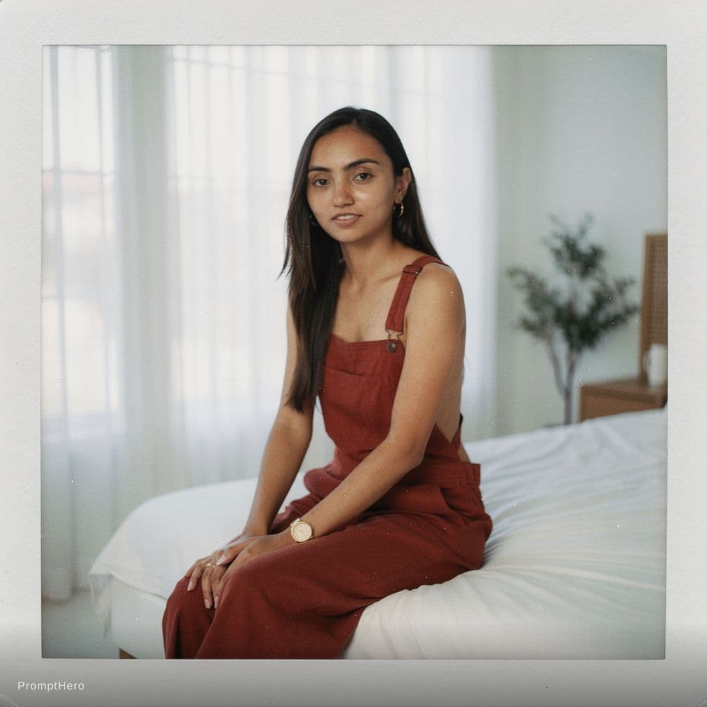 AI generated: polaroid photograph of an Asian model, sitting on the edge --chaos 75 --ar 1:2 --raw --profile we14m...