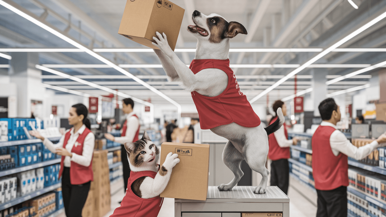 AI generated: A lifelike scene of a dog and a cat working together as employees wearing red vest in a retail store...