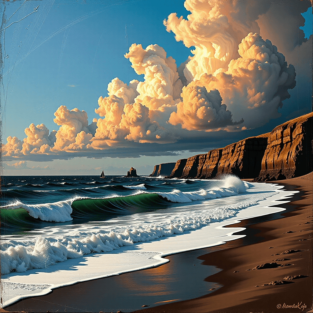 AI generated: Eine weite, stÃ¼rmische KÃ¼stenlandschaft an der Nordsee, dramatische Wolkenformationen und hohe Wel...