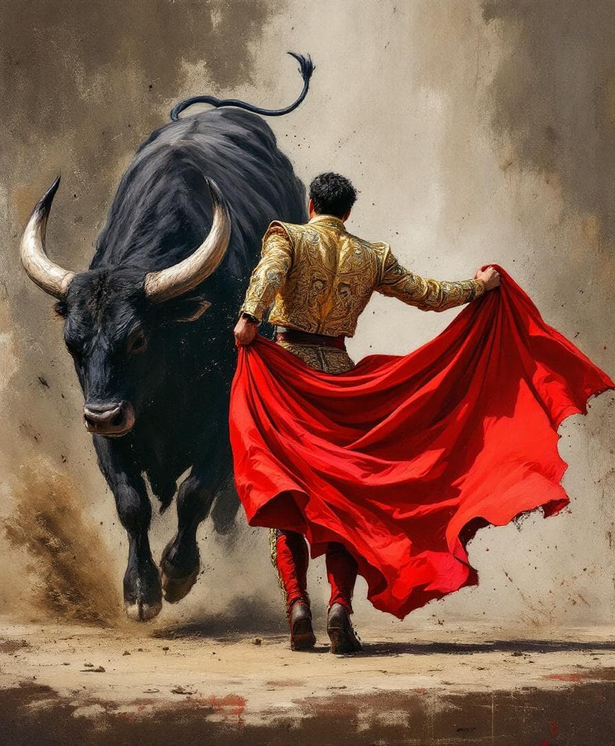 AI generated: A dramatic impasto oil painting in high relief, featuring a bullfighter and a charging bull as the c...