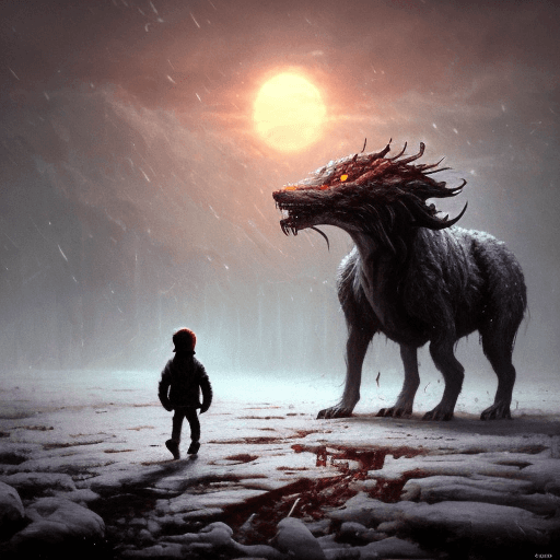 AI generated: Starvation black monster wolves with red eyes, fight in the ice age Scenery, : concept art::1 cyberp...