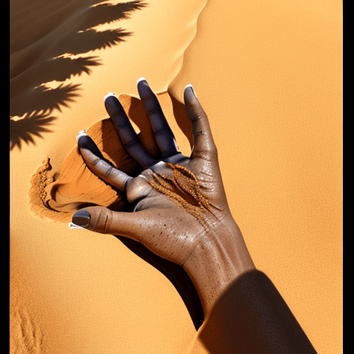 AI generated: Close up image of empty cupped european hands. The hands are casting a shadow on dry orange windswep...