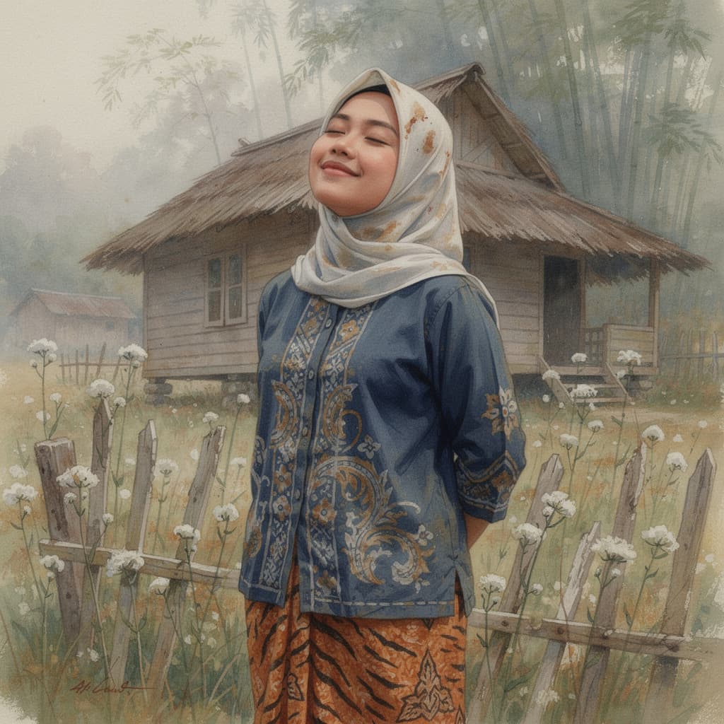 AI generated: Impressionist oil painting of an old, rustic, traditional Malaysian wooden house with a thatched roo...