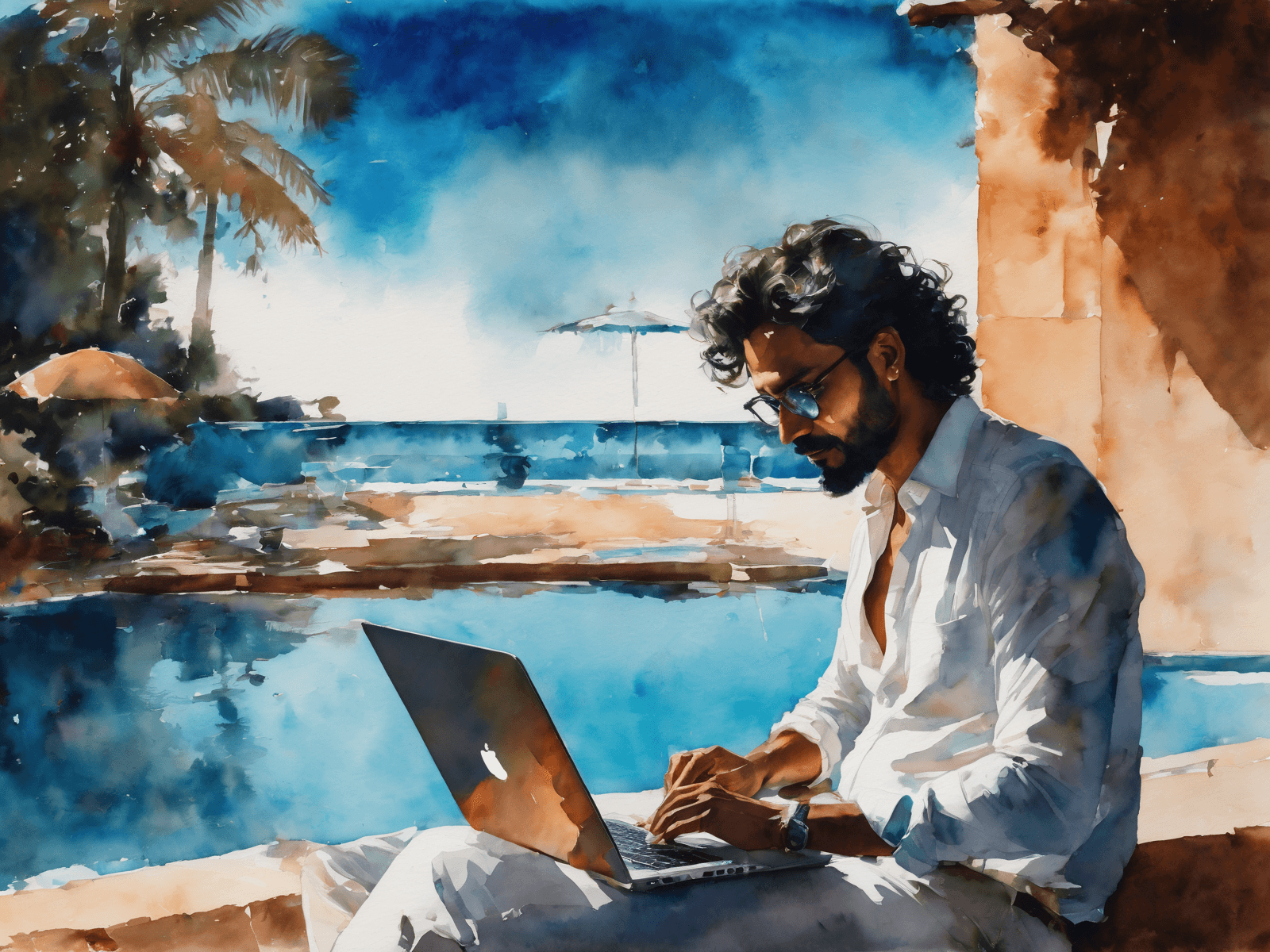 AI generated: image of a handsome slender middle-aged man from India, curly wavy hair, glasses, by the pool, worki...