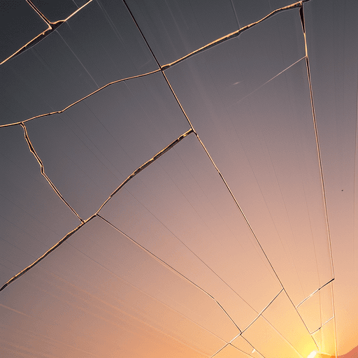 AI generated: a view of the dawn sky through cracked glass, vertical white cracks, sunrise, natural light, morning...