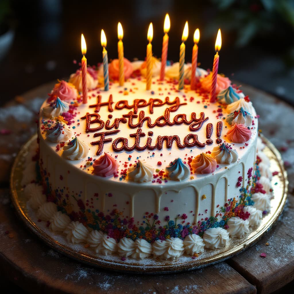 AI generated: hyper realism, high detail, cake, that says happy birthday Fatima!! on the icing, whole cake,
