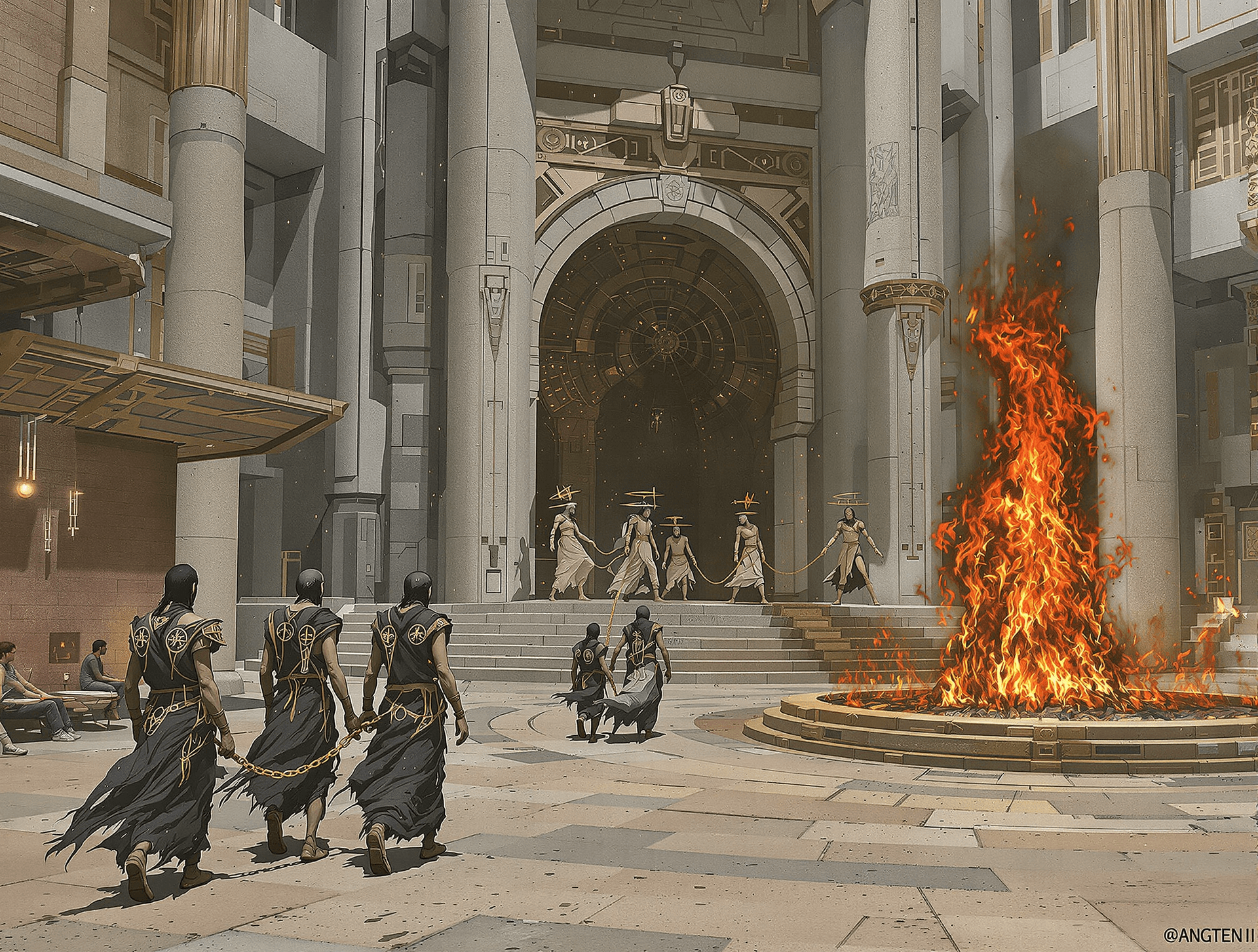 AI generated: /Artprompt Sci-fi, create a dystopian futuristic scene depicting (a group of strange mystical beings...