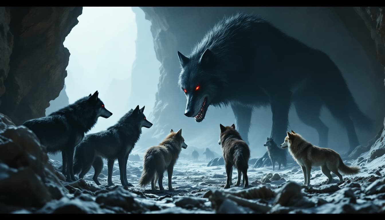 AI generated: Giant black wolf talking facing five wolves of different black, brown, and a reddish color, camera f...