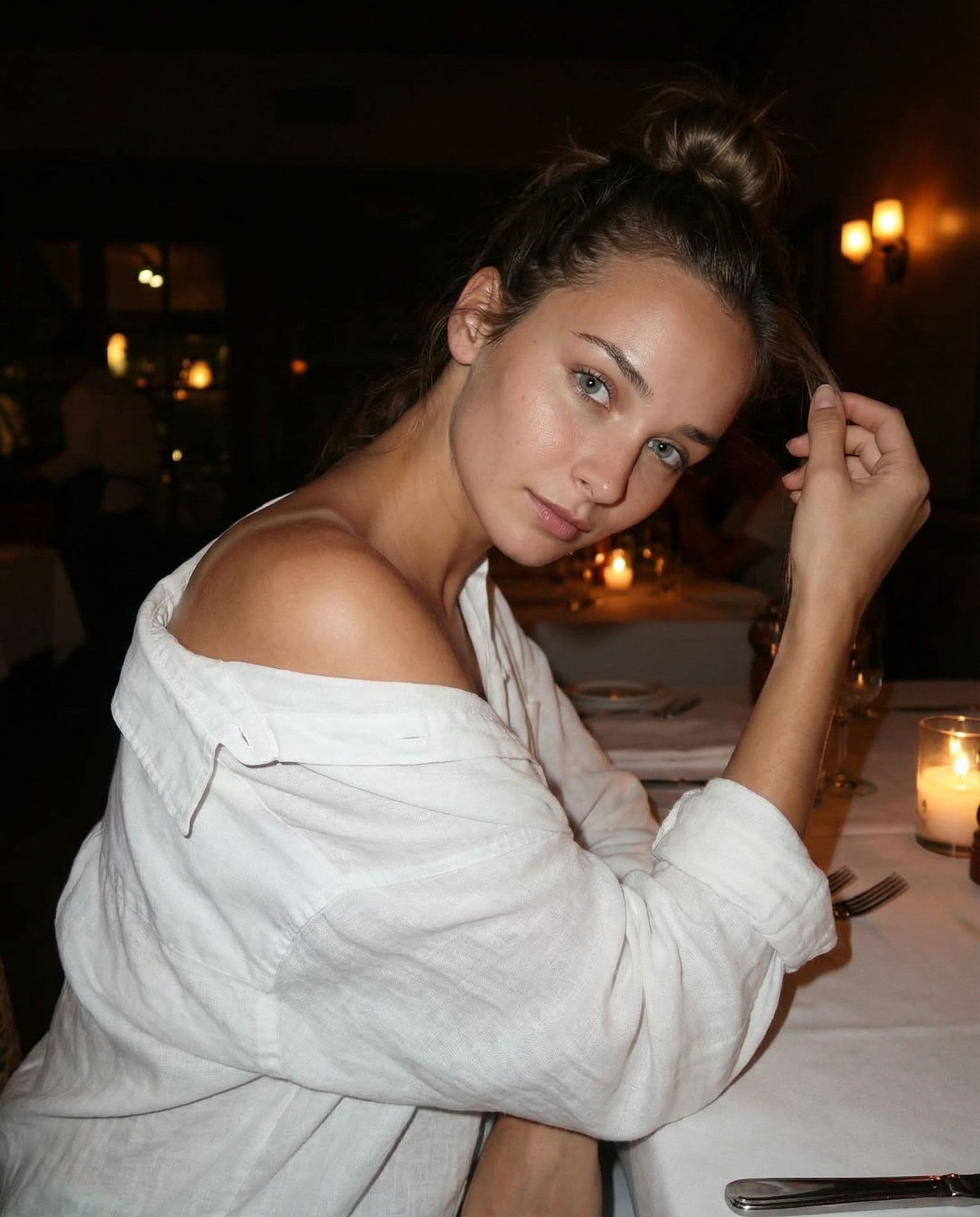 AI generated: Date night with a beautiful instagram influencer. She has grey eyes, dark blond hair, very natural m...