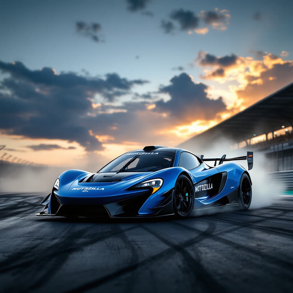 AI generated: blue mclaren p1on race track,smoke and dust, sunset, MOTOZILLA written on the car body