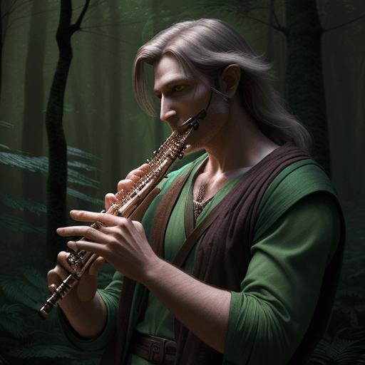 AI generated: a average looking, DnD human, in a forest, plaing a Flute, cinematic light, 4k, photorealistic, myst...