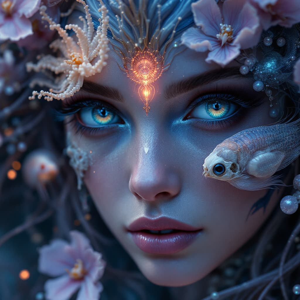 AI generated: Goddess close-up portrait ribcagel. jellyfish phoenix head, nautilus, orchid, skull, betta fish, bio...