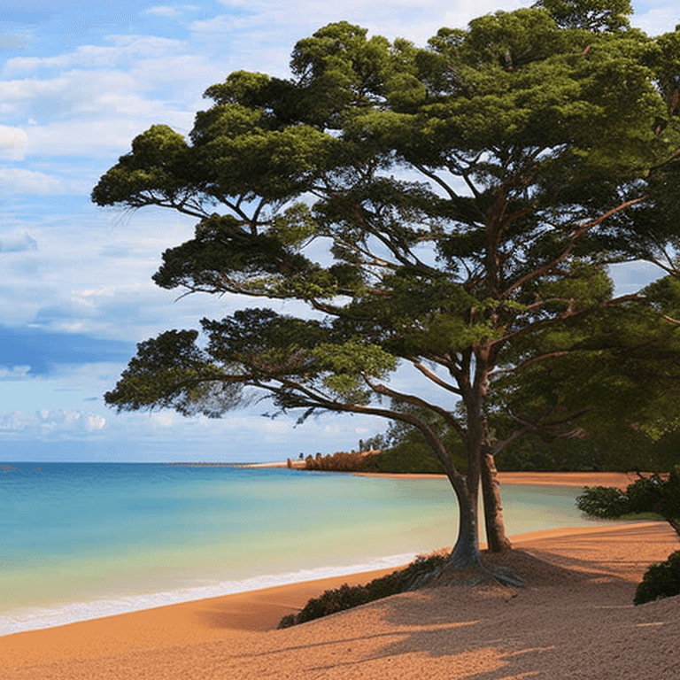 AI generated: oil on canvas, small clouds, smooth beach, small trees, small rocks, beautiful setting, early evenin...