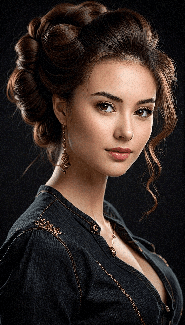 AI generated: A portrait of a young woman with a detailed dark brown updo hairstyle and a few loose strands. Her m...