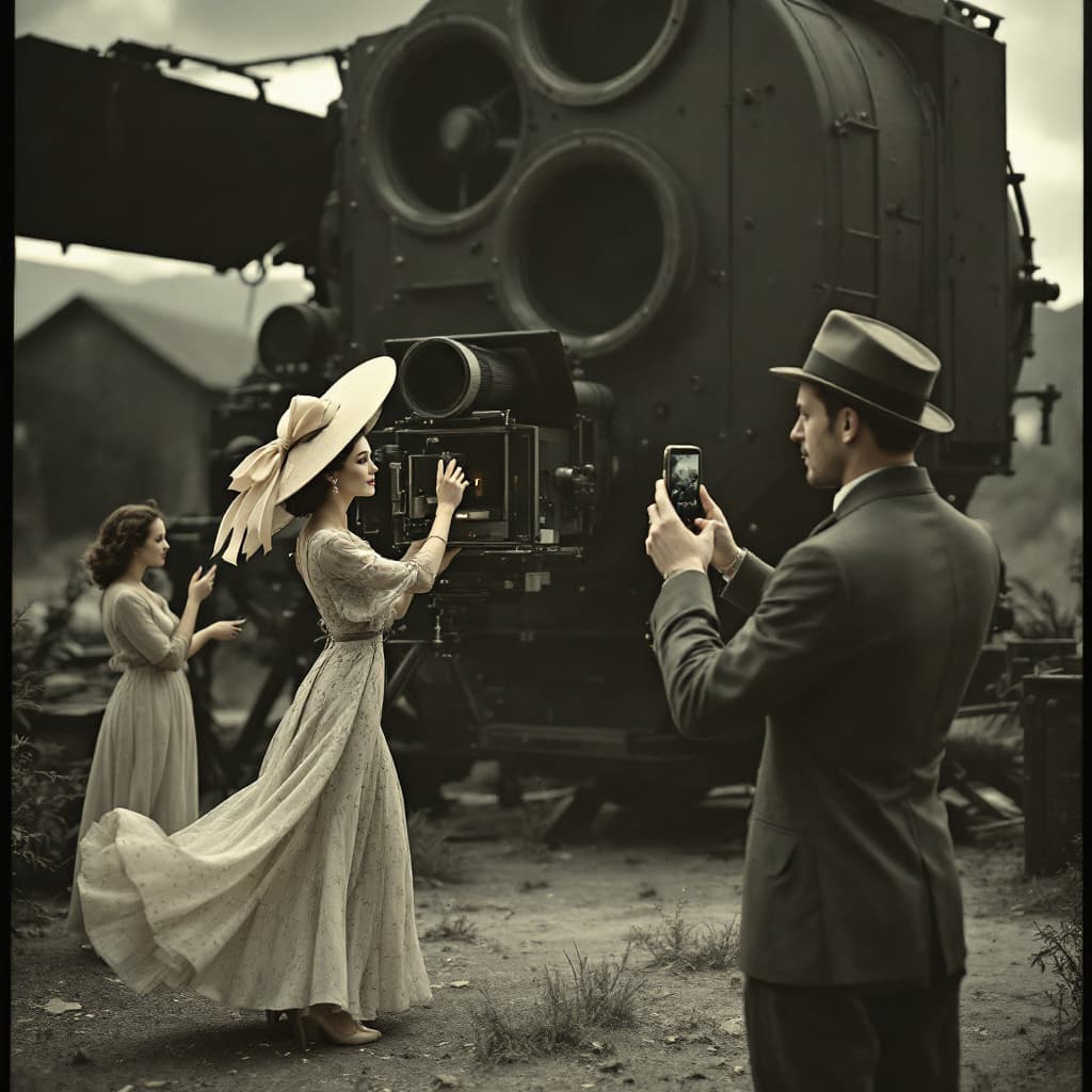 AI generated: Surreal scene of a cinematographer taking a selfie with a modern cell phone in front of a giant came...