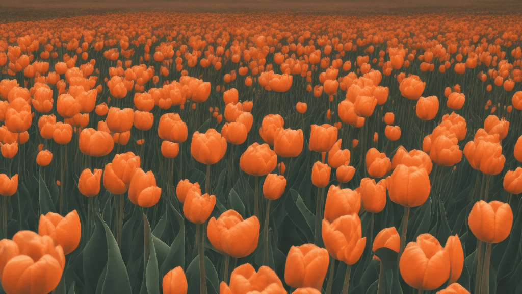 AI generated: Photo of a ultra realistic field of orange tulip flower, pale sunset, 8k, extreme details, cinematic...