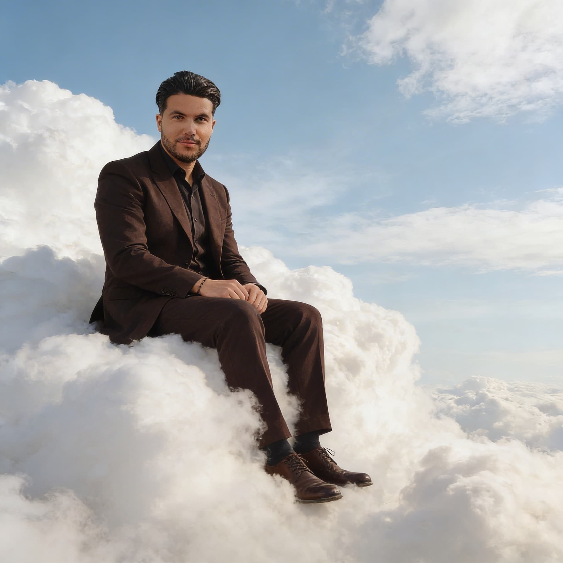 AI generated: A photo of an eccentric man sitting on top of white fluffy clouds  and dark brown suit with dark bro...