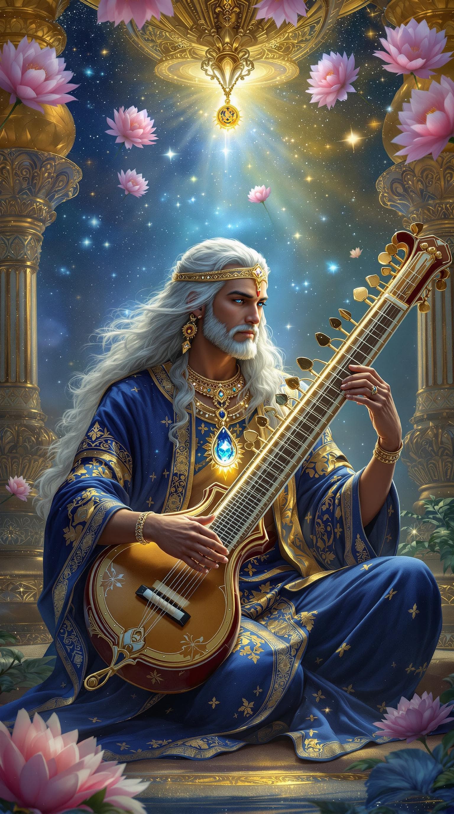 AI generated: Within a palace where golden domes reflect the heavens, a mythical ruler sits beneath a canopy of fl...