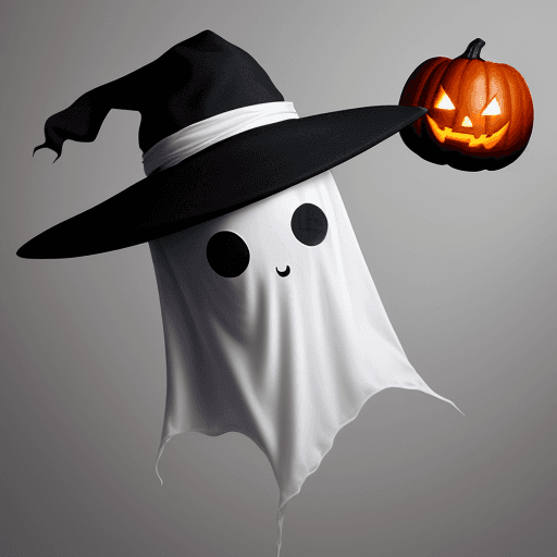 AI generated: High resolution photo interior design, Halloween cute ghost in hat. Halloween style, white backgroun...