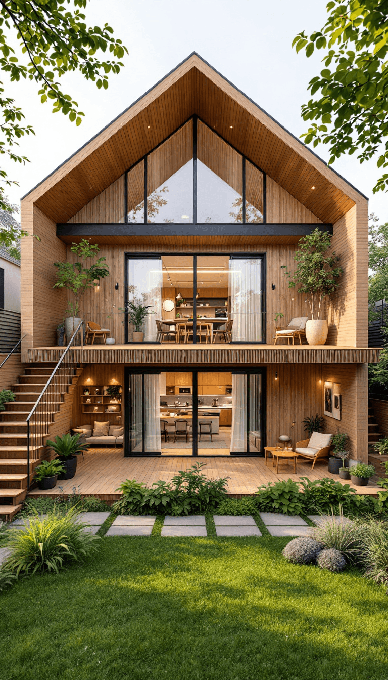 AI generated: A wide-angle shot of a two-story modern cottage house, with the second floor stretching across in wi...