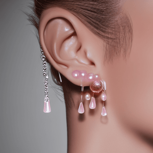 AI generated: Fashion photography jewelry,   light pink translucent fur earrings hyper-realistic, detailed 8k, rea...