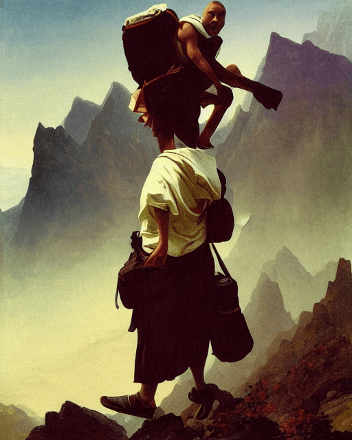 AI generated: full body shot, male, monk, traveler, rucksack, skinny, muscular, geisha, climbing mountains, mounta...