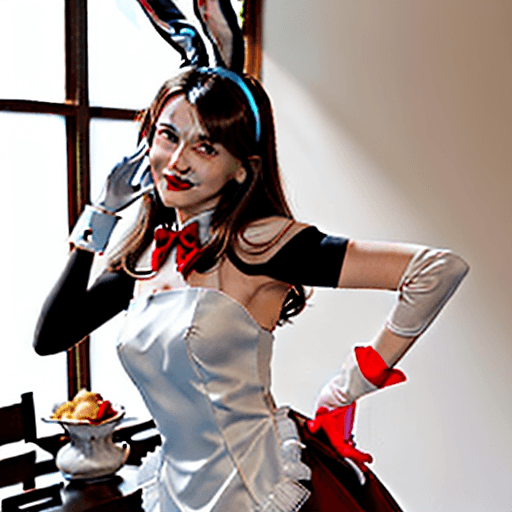 AI generated: Photo of a realistic woman, sleeveless granate dress, little tie, big realistic bunny ears , short w...