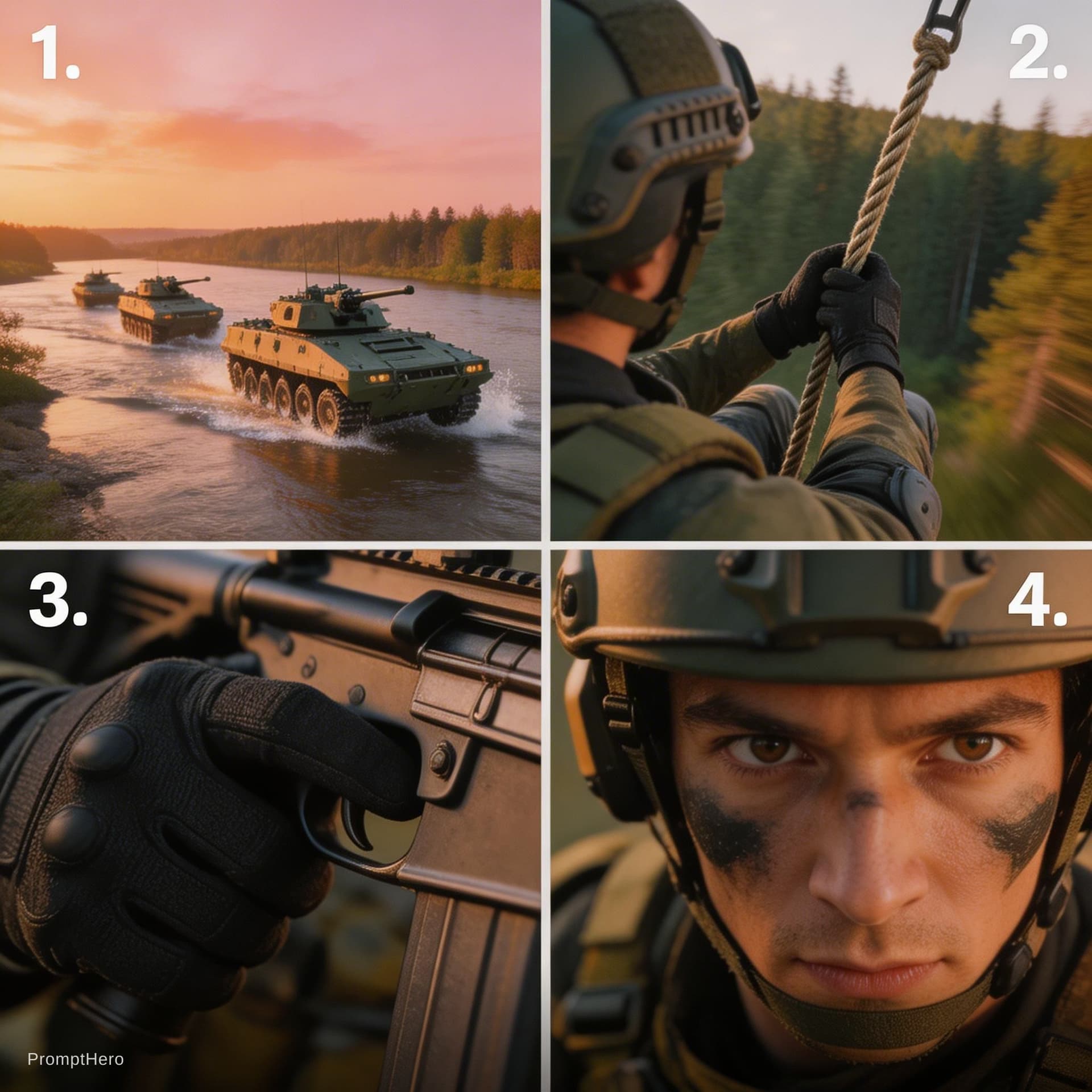 AI generated: A clean, professional 2x2 grid collage of high-impact tactical imagery: 1. A dramatic drone view of ...
