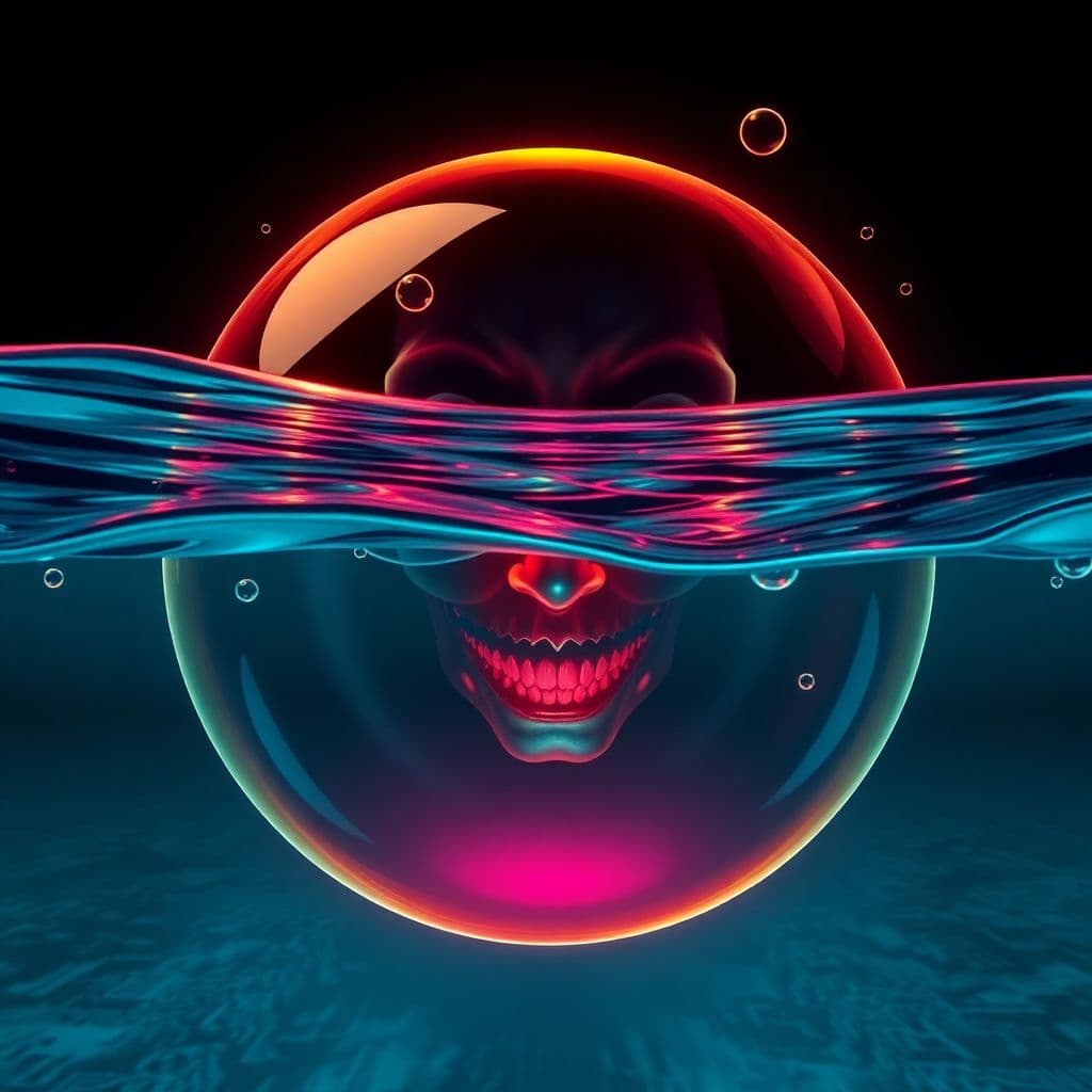 AI generated: abyssopelagic heretic, sinister sly smile bubble escapade, doomed user, glitch art in oceanic 3d tec...