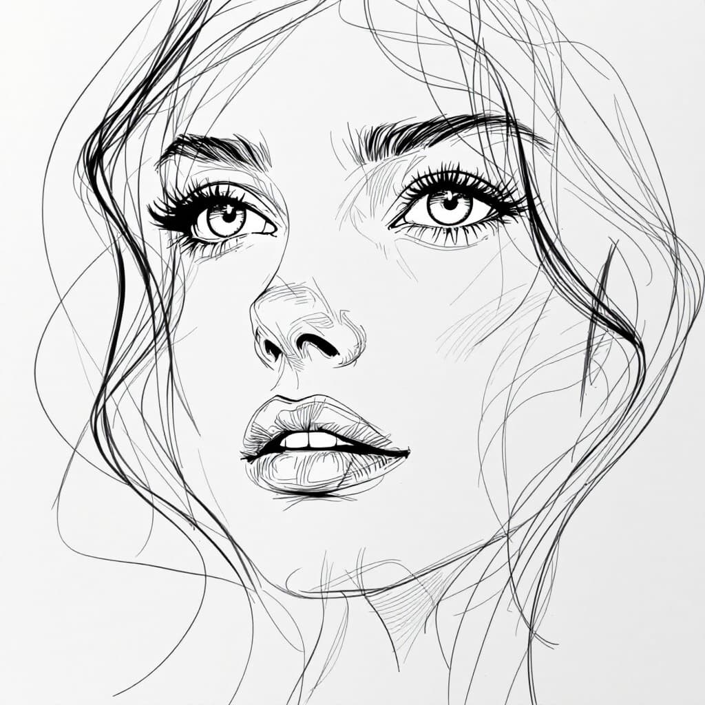 AI generated: Create a sketch of a woman's face, focusing on expressive linework and capturing the beauty and eleg...