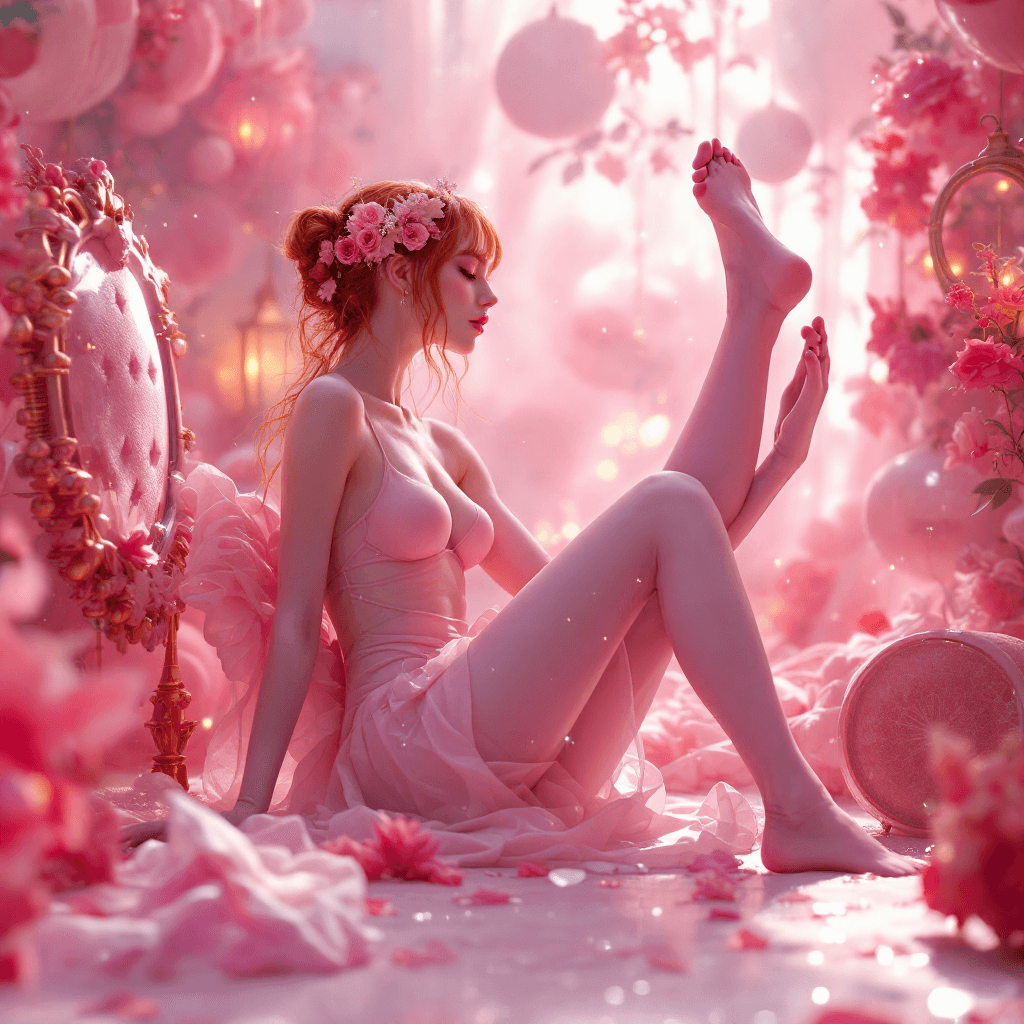 AI generated: young skinny redhead in a ethereal full body very plastic pose immersed a surreal pastel  misty deca...