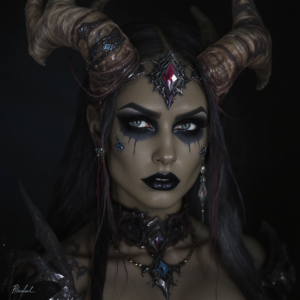 AI generated: Design a photorealistic portrait of a woman with dark makeup and makeup art,set in a dark concept ar...