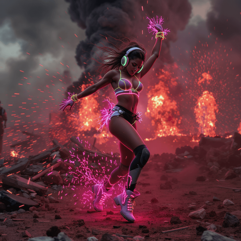 AI generated: A fierce, stunning young woman dancing wildly in the middle of a battlefield engulfed in fire, explo...