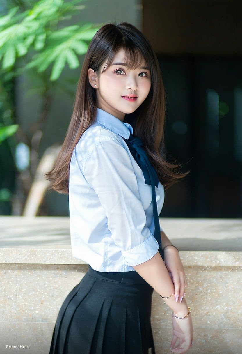 AI generated: a photorealistic, brightly lit indoor portrait of a beautiful, curvy young Asian woman dressed in a ...