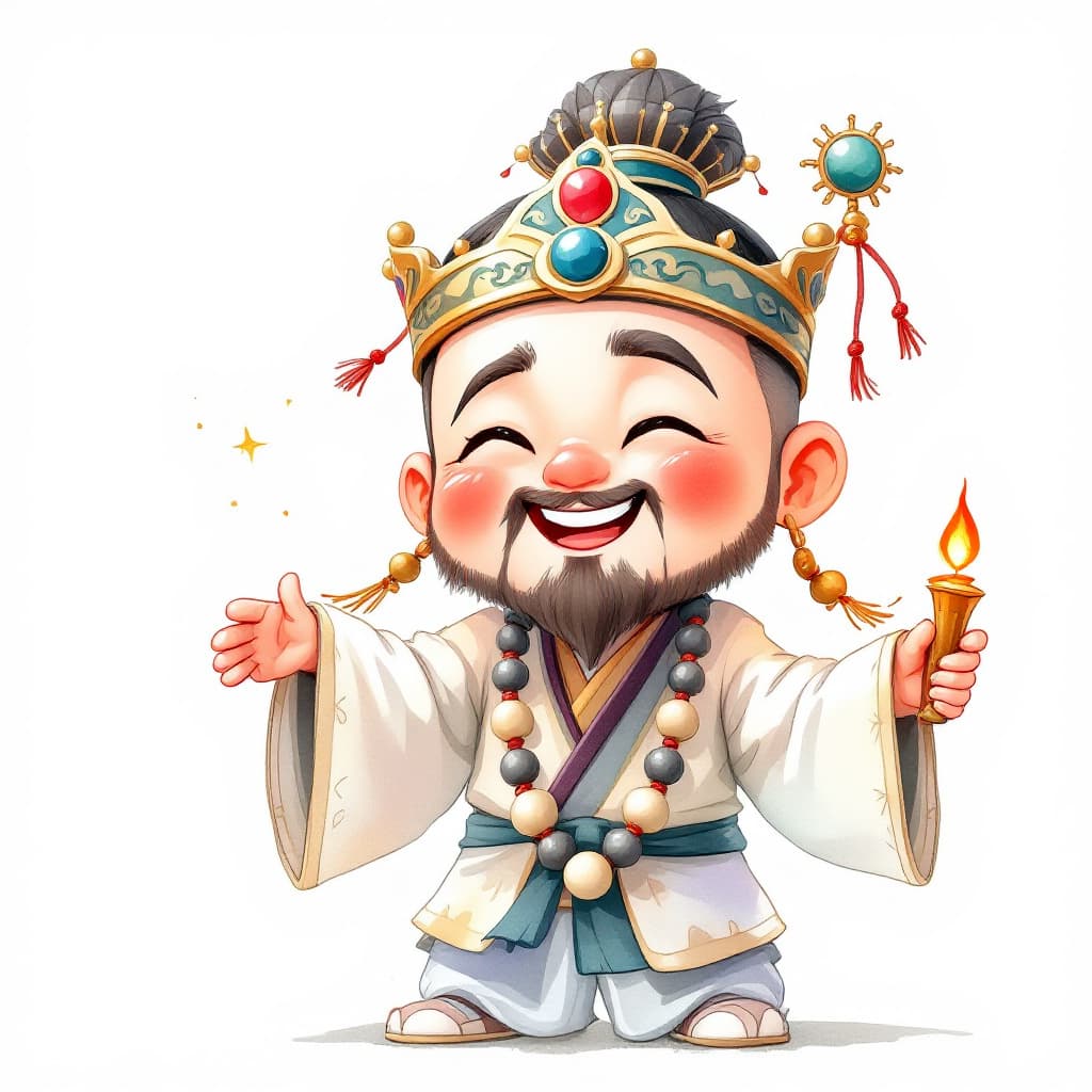 AI generated: A cute, oriental, Taoist, male, god, watercolor animation, preaching, wearing a crown, eyes slightly...