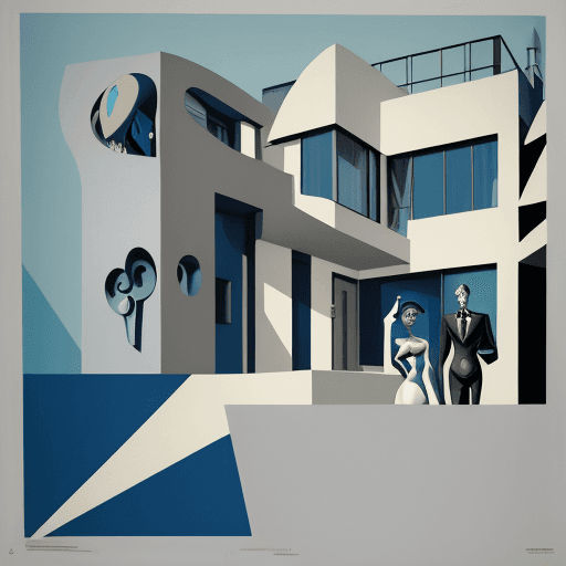 AI generated: Surreal image, Cubist futurist style, a woman and a man with multiple faces and arms, various shades...