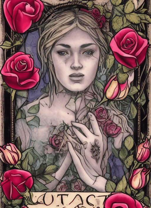AI generated: Tarot card, Close up face shot of a beautiful woman looking at the camera, (((card title surrounded ...