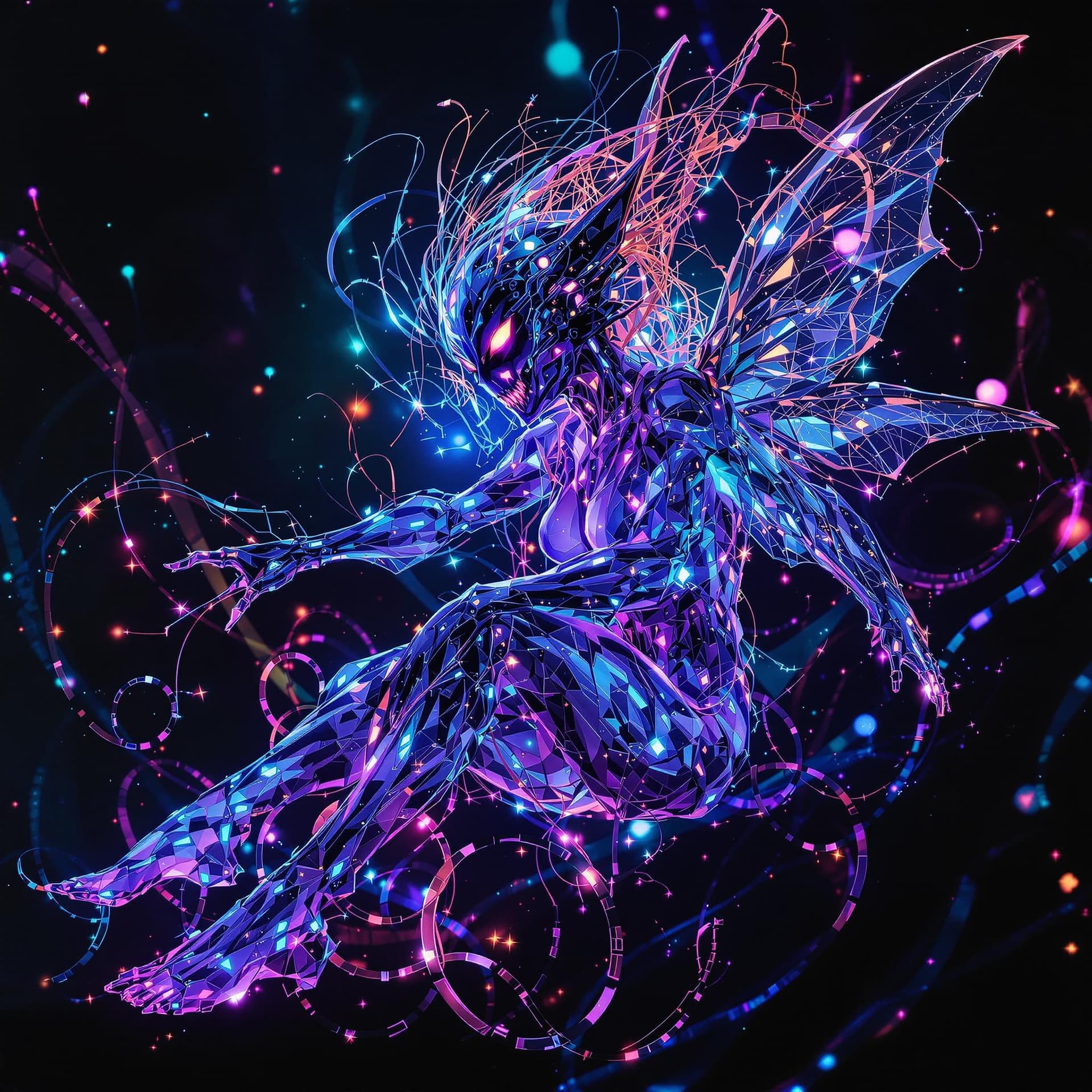 AI generated: surreal black light poster of a intricate portrait of An amazing cyberpunk elven pixie cyborg creatu...