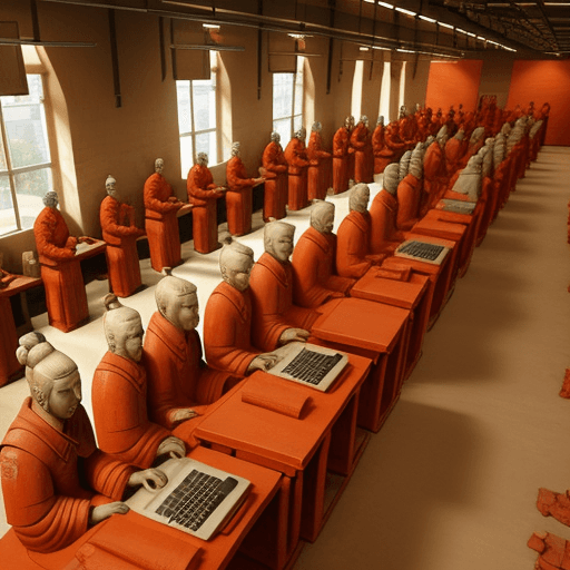 AI generated: infinite line of xian terra cotta warriors seated at desks, working at laptops