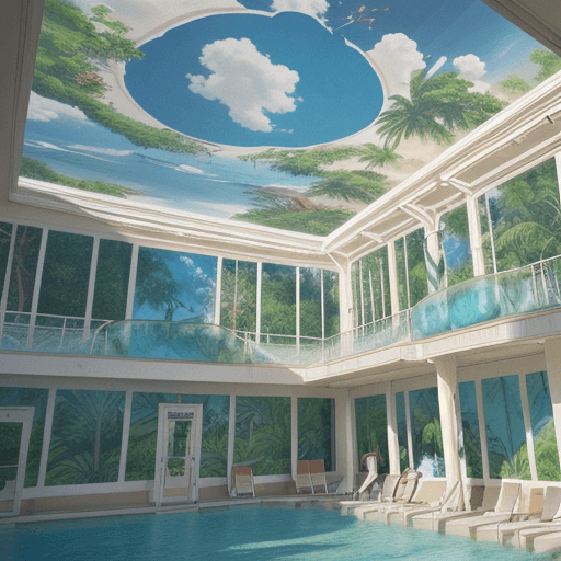 AI generated: beautiful indoor water park with tropical trees painted on the wall, dome ceiling in window pictures...