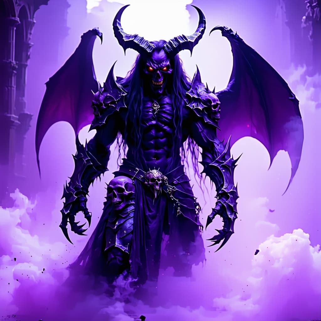 AI generated: a complete purple skinned demon with monstrous face, piercing red eyes and fangs with long black hai...