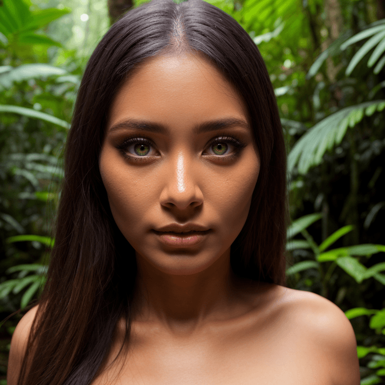 AI generated: Extremely detailed close up photo of a woman standing above a rainforest, her eyes vibrant with a ot...