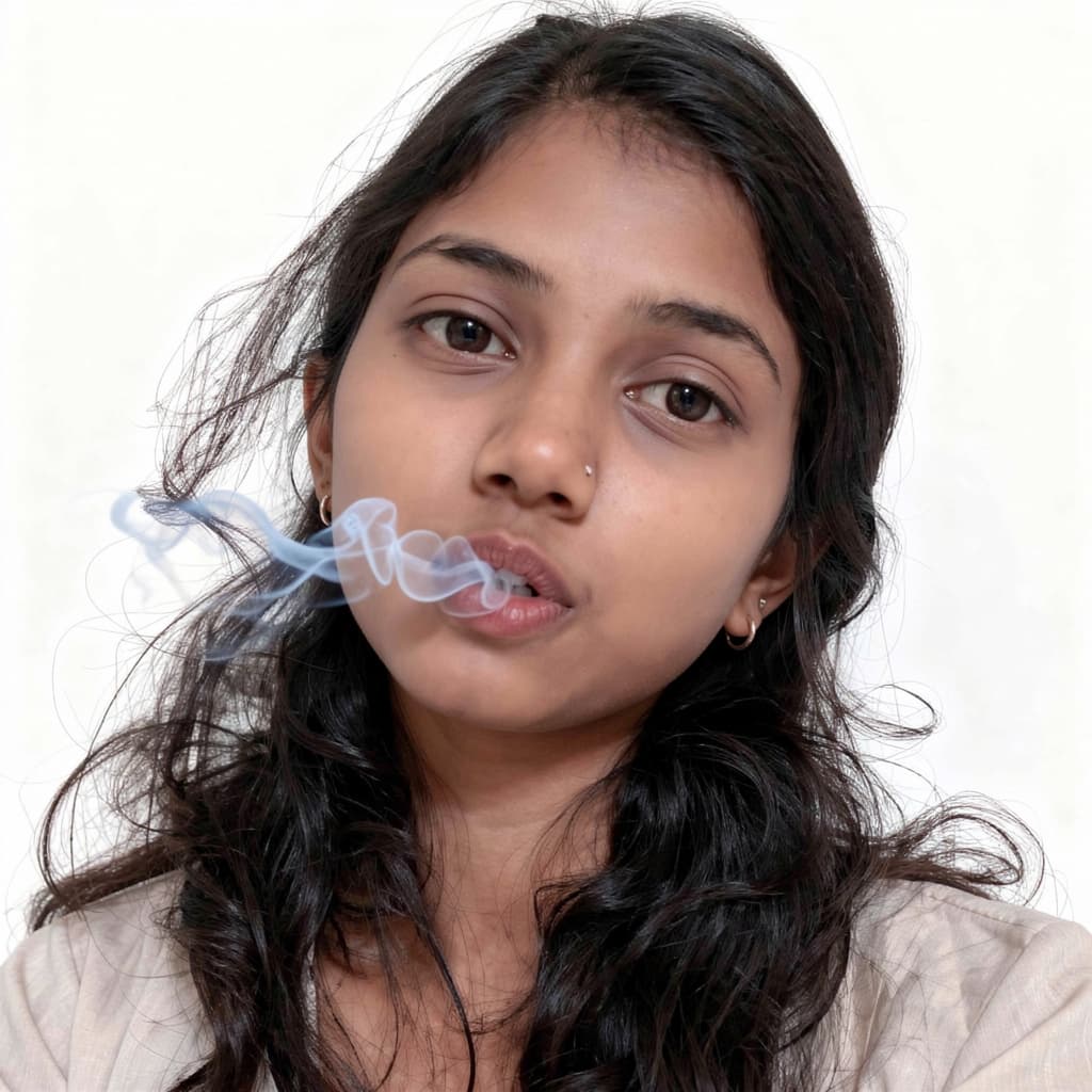 AI generated: close-up of a young woman with pale blue smoke curling from her lips against a stark white backgroun...