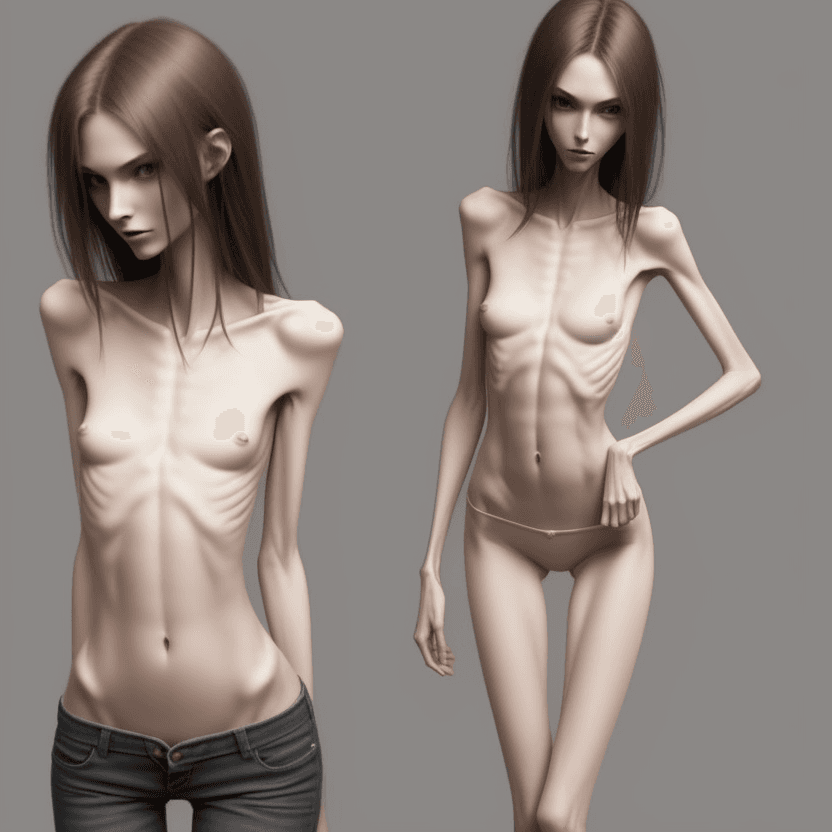 AI generated: extreme beautiful skinny slender (almost anorexic)  girl with skinny slender thighs narrow, without ...