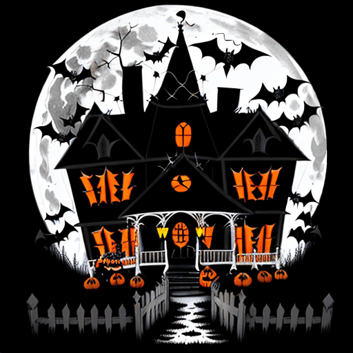 AI generated: Create a black and white Halloween-themed coloring page featuring a spooky haunted house. The house ...