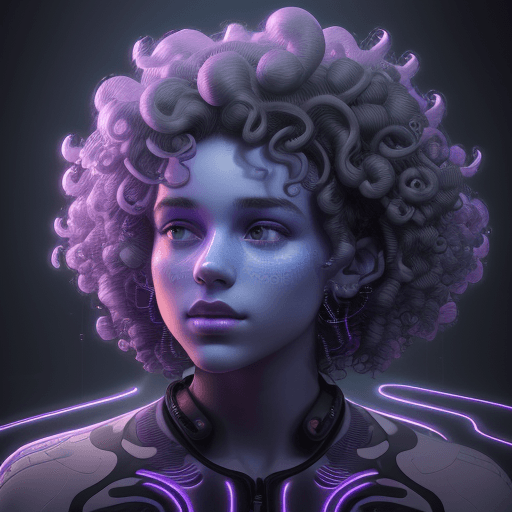 AI generated: A musician with curly hair, in the style of Beeple, pulsing with a vibrant true blue light, realisti...