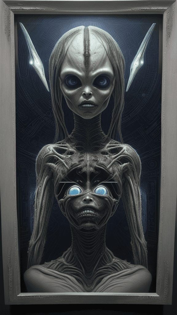 AI generated: "Captivating Extraterrestrial Alien RFKTR-style headshot framed clubcard:1.1, a masterwork by H.R. G...