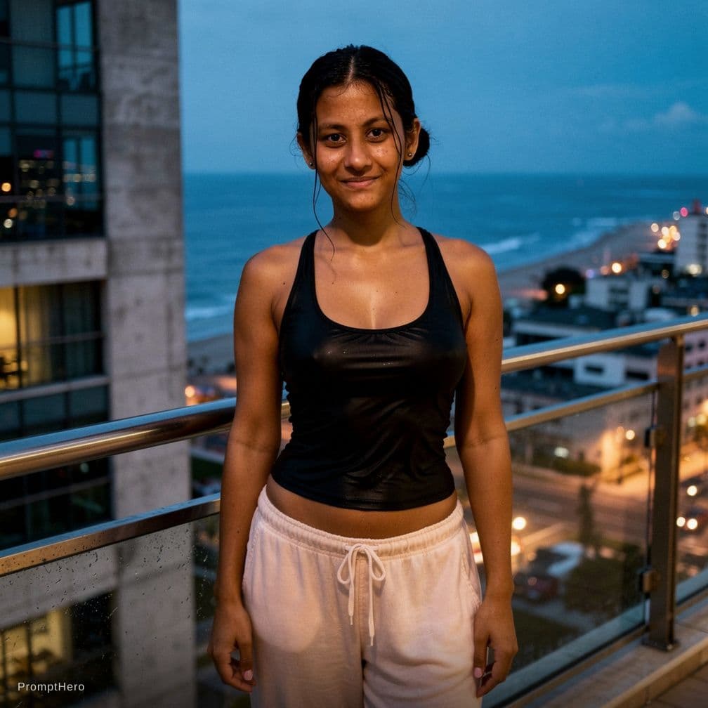 AI generated: A documentary style photograph of a young female on a high balcony just after swimming. Her long dar...