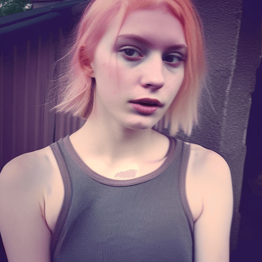 AI generated: instagram photo, photo of 21 years old mARGOT ROBIE, cleavage, dirty pastel pink hair, fair pale ski...