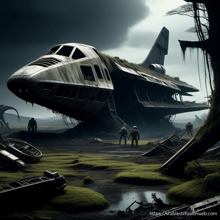 AI generated: highly detailed wreckage of enormous ancient [spaceship:boomerang:10] crash landed on alien planet a...